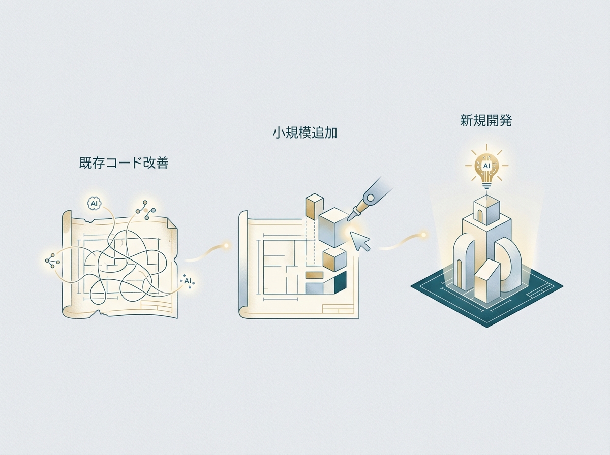 AI駆動開発の導入ステップを示すシンプルなイメージ（既存コード改善→小規模追加→新規開発）