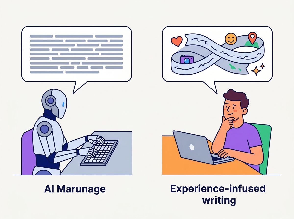 「AI丸投げ」と「体験を載せた文章」の違いを象徴するシンプルなイメージ