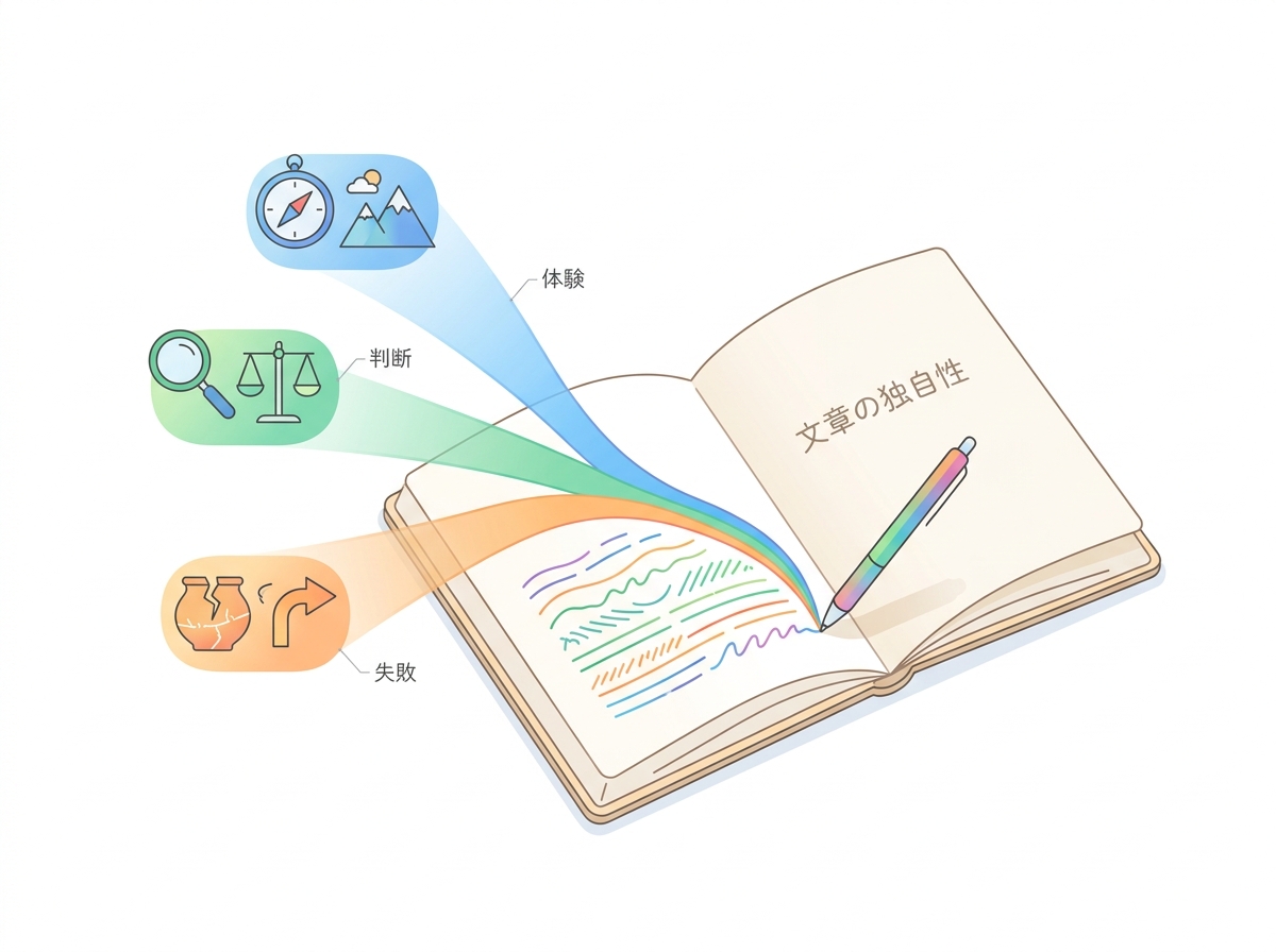 3種類の質問（体験・判断・失敗）が文章の独自性につながるイメージ