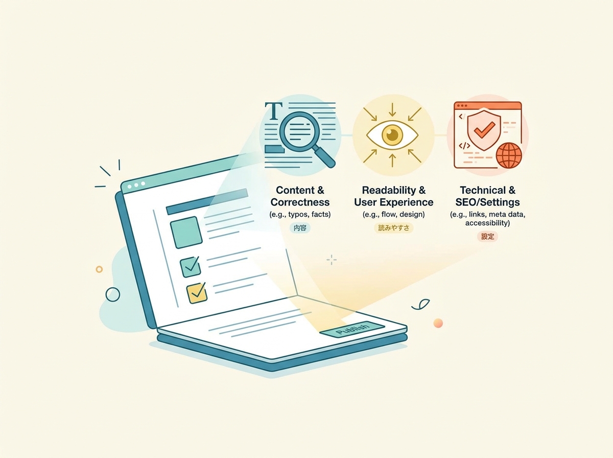 公開前チェックの3つの観点を示すシンプルなイメージ