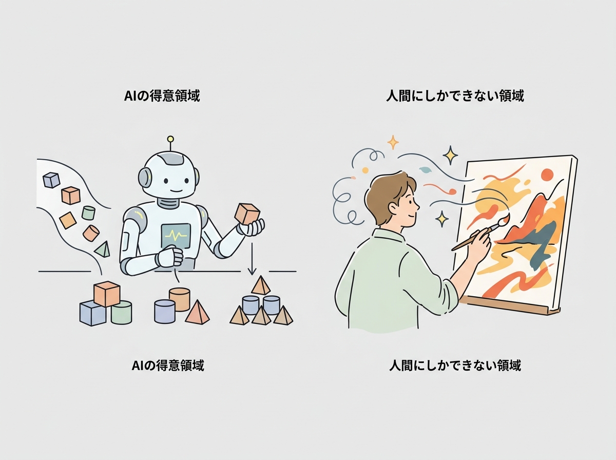 AIが得意な領域と人間にしかできない領域の対比イメージ