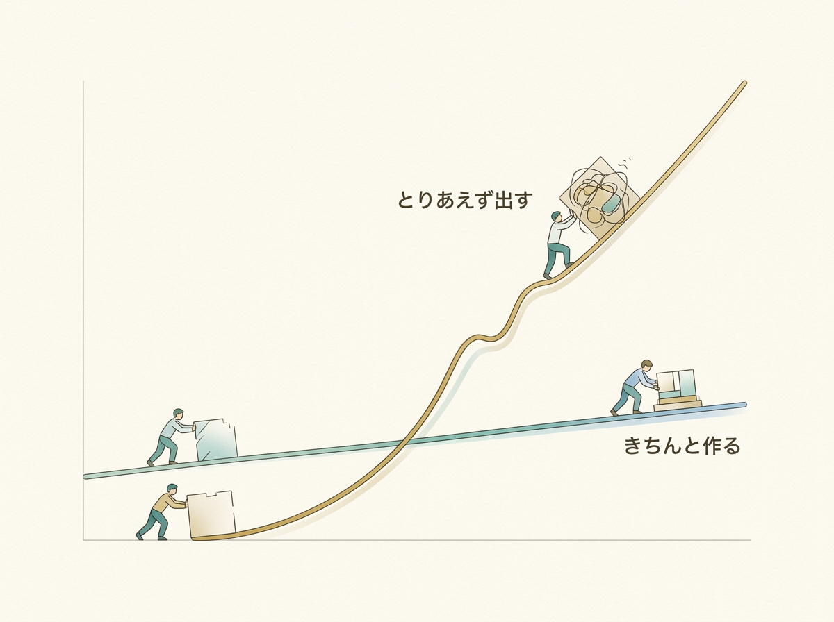 「とりあえず出す」と「きちんと作る」の開発コスト推移イメージ
