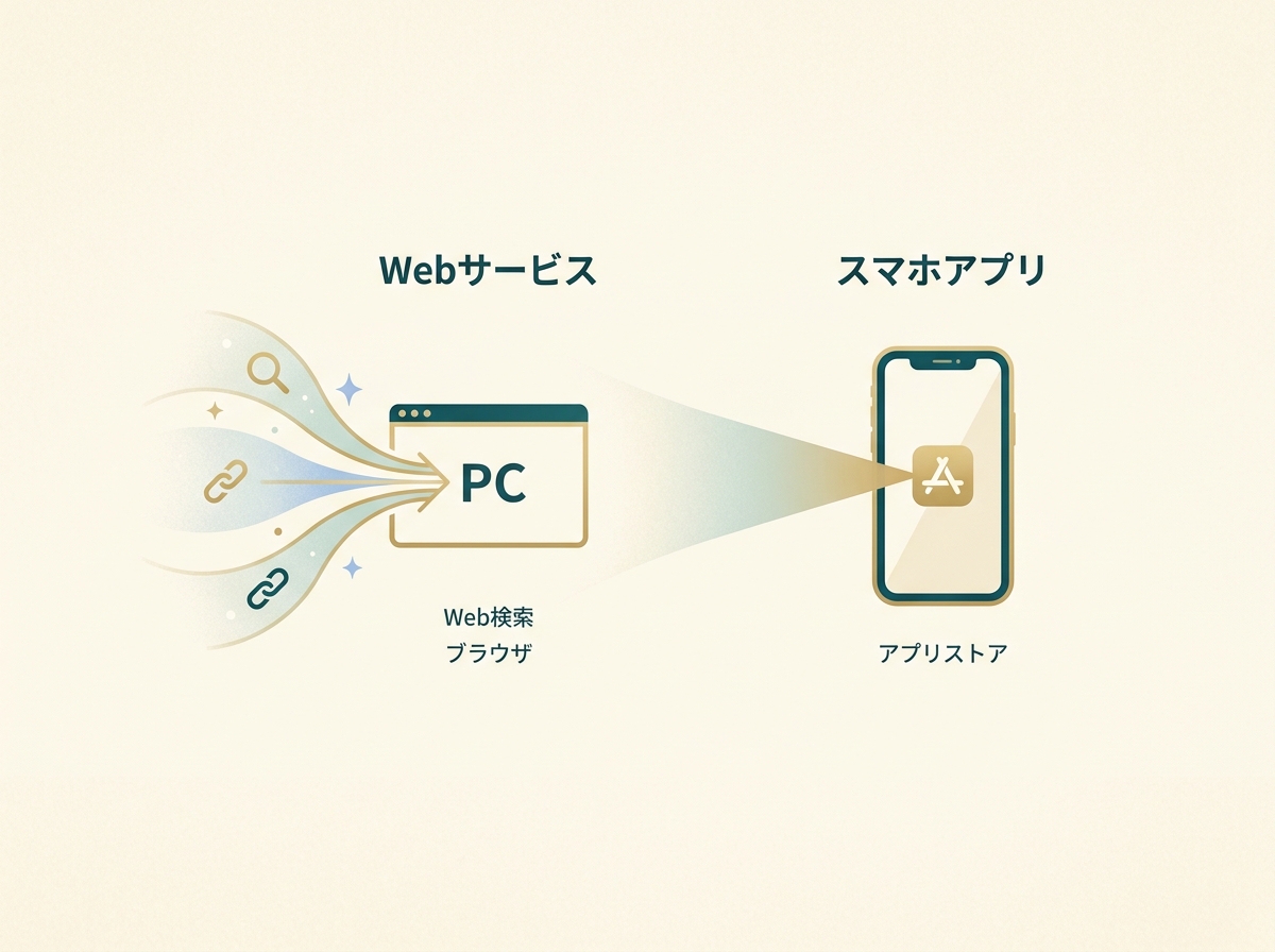 Webサービスとスマホアプリのユーザー獲得経路の違いイメージ