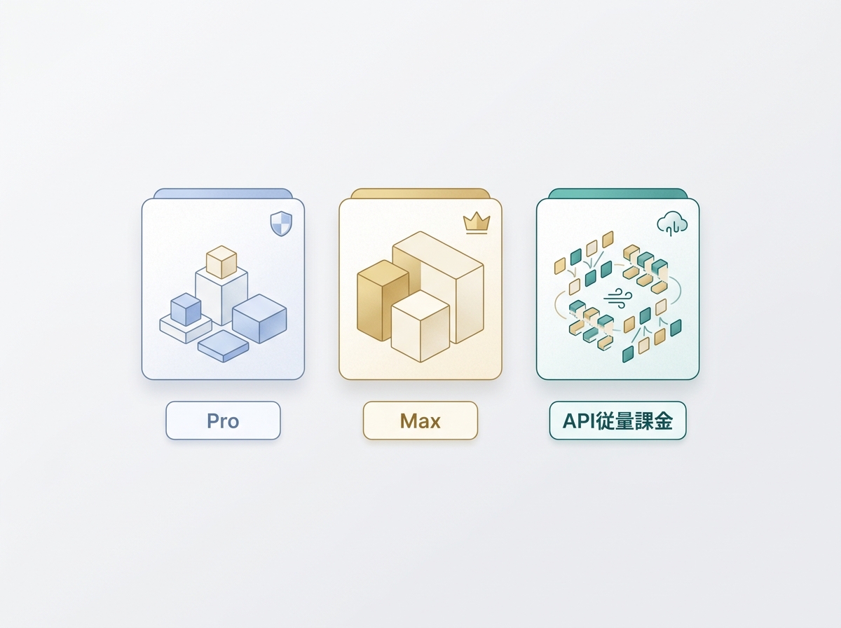 Pro・Max・API従量課金の3つの課金モデルを並べたシンプルな構造図