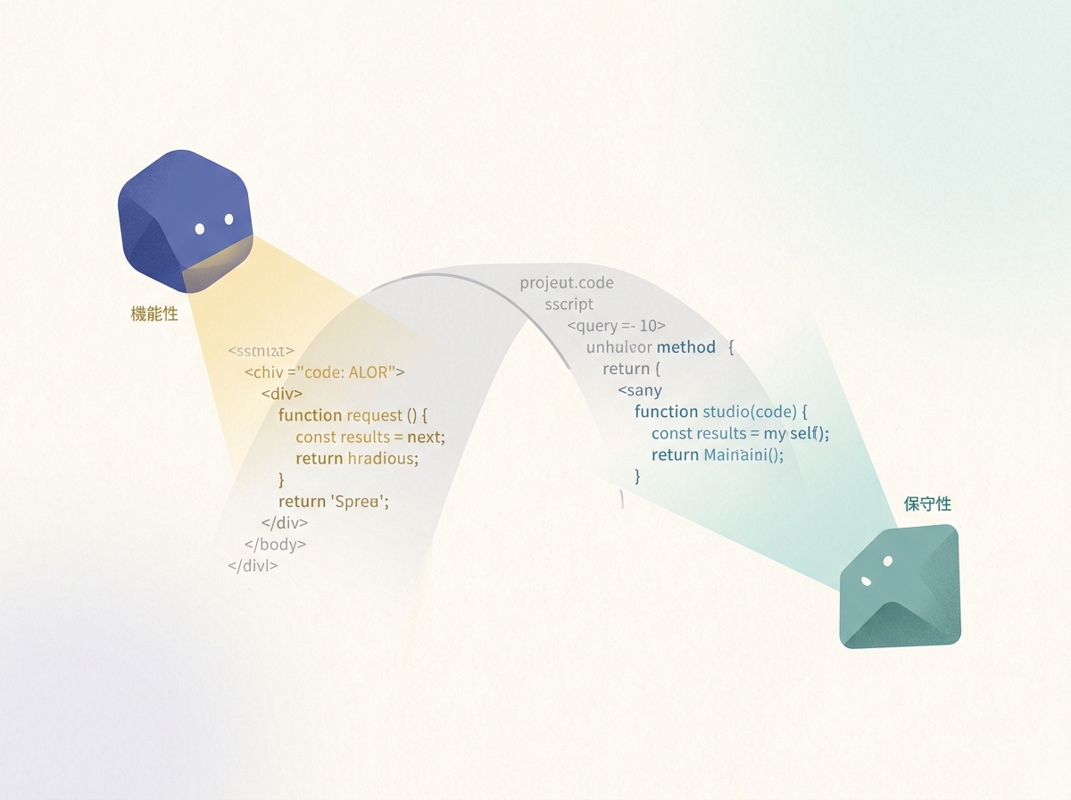2つのAIがそれぞれ異なる観点からコードを照らすシンプルなイメージ