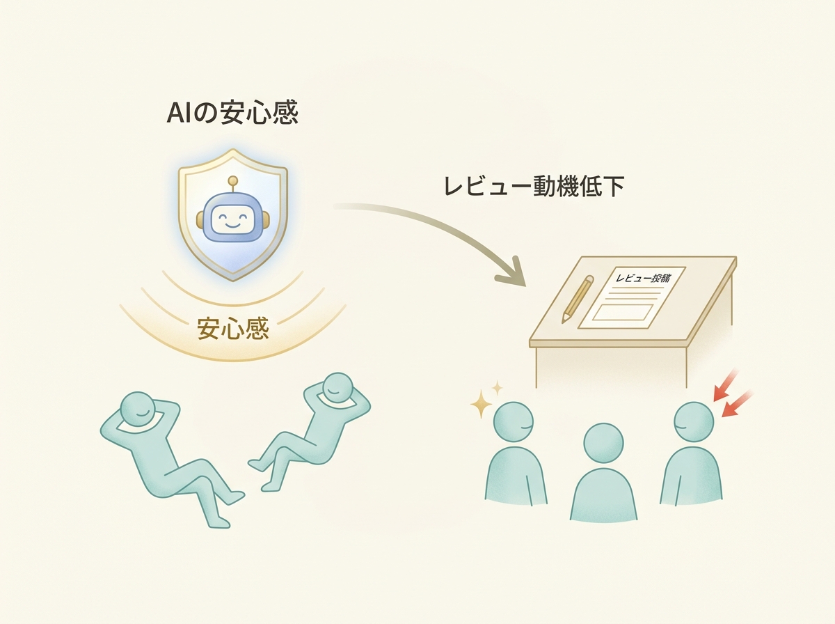 AIの安心感がレビューの動機を下げる構造を示すシンプルなイメージ