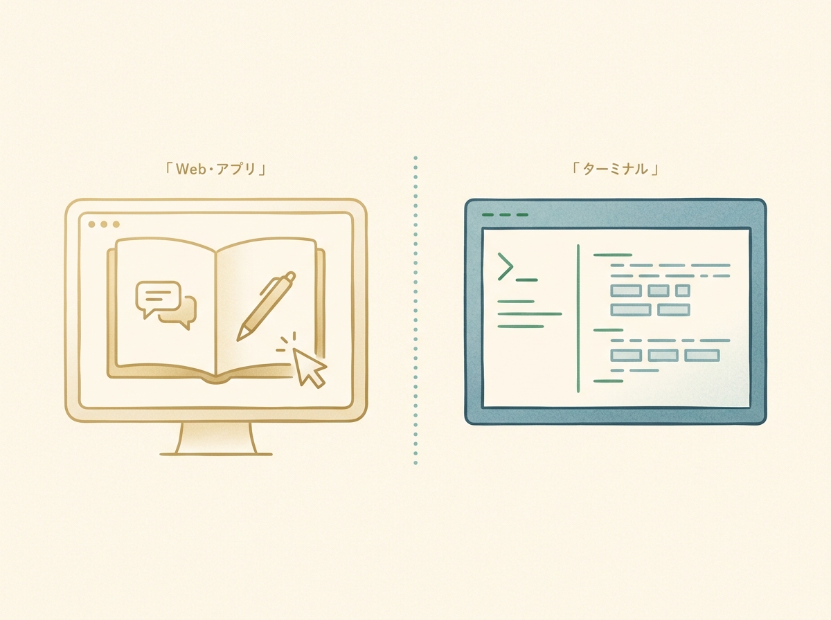 Claude（Web/デスクトップ/モバイル）とClaude Code（ターミナル）の位置づけを示す対比図