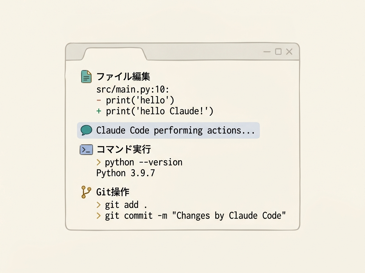 Simple image showing Claude Code editing files, executing commands, and performing Git operations in the terminal