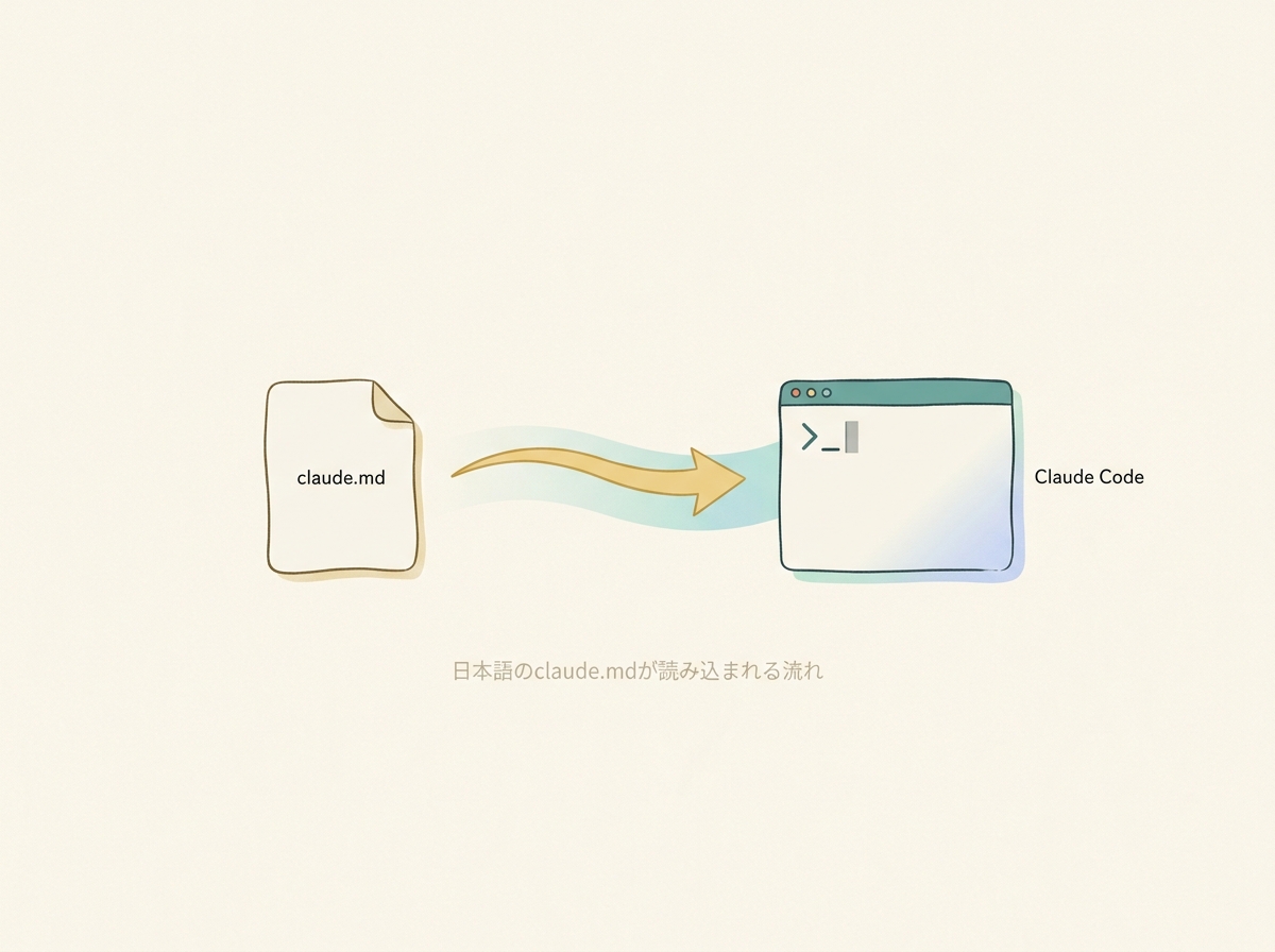 日本語のCLAUDE.mdがClaude Codeに読み込まれる流れを示すシンプルなイメージ