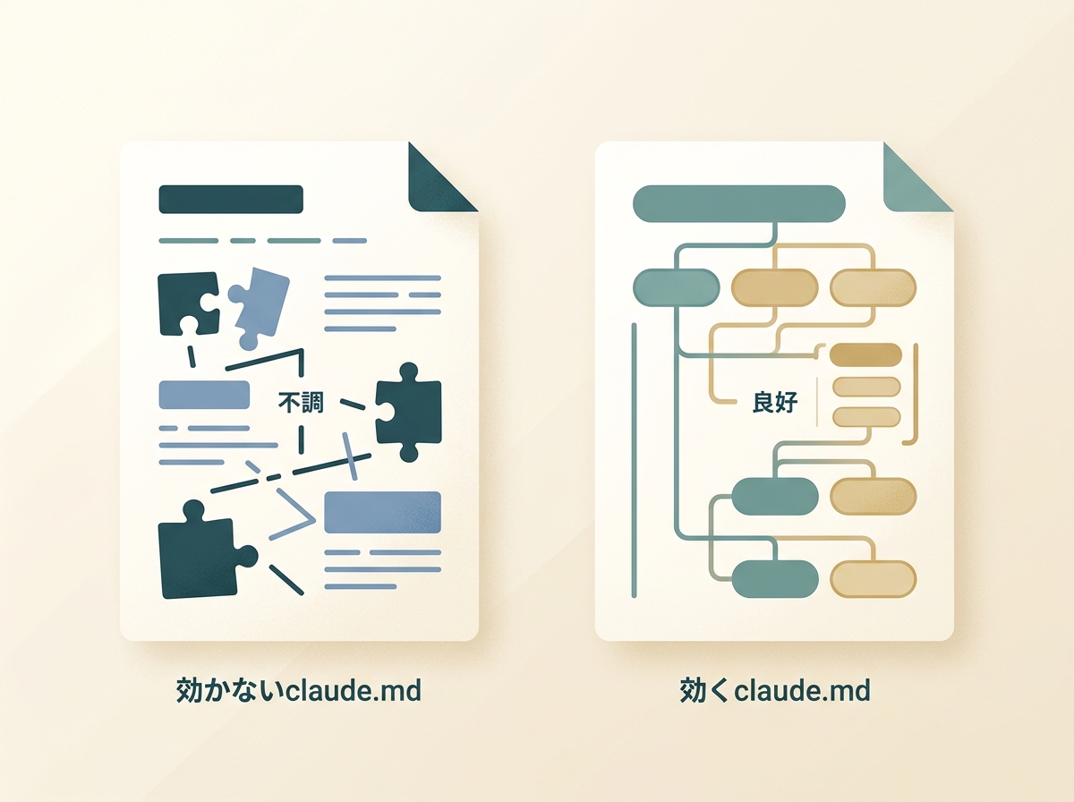 効かないCLAUDE.mdと効くCLAUDE.mdの構造の違いをシンプルに対比するイメージ