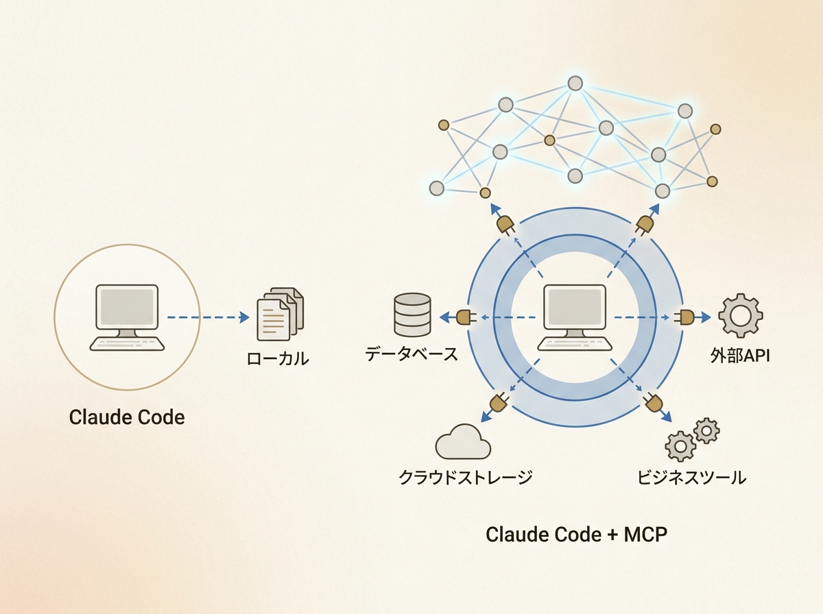Simple image showing Claude Code's scope of operations alone versus the expanded scope after adding MCP