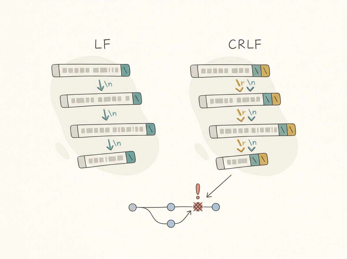 LFとCRLFの違いとGit差分への影響を示すシンプルなイメージ