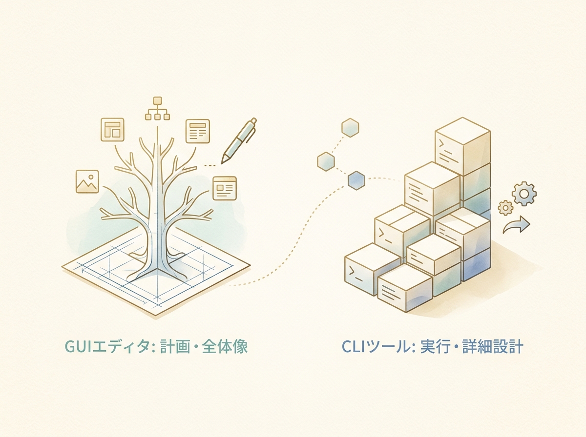 GUIエディタとCLIツールの計画フェーズにおける役割分担のイメージ