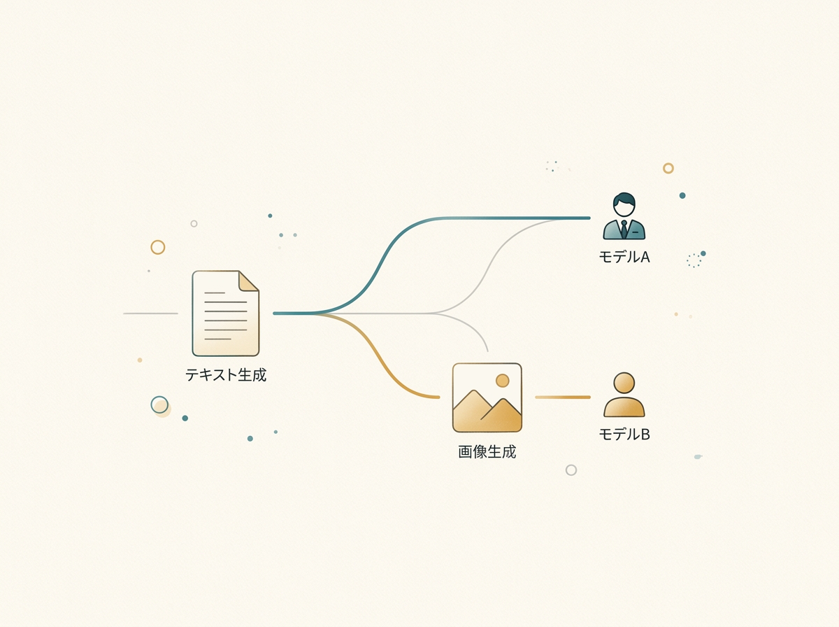 A simple diagram showing how requests branch to different providers/models based on task type