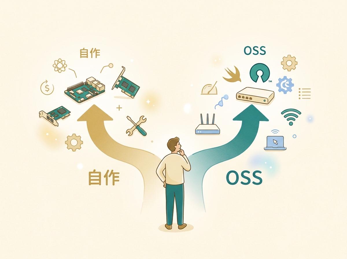 A simple decision flow diagram comparing custom routers vs. OSS routers