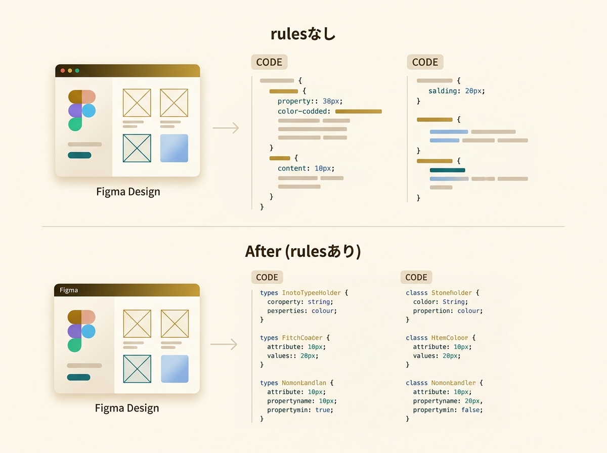 rulesなし(Before)とrulesあり(After)で同じFigma画面から生成されたコードの出力差を示すシンプルなイメージ