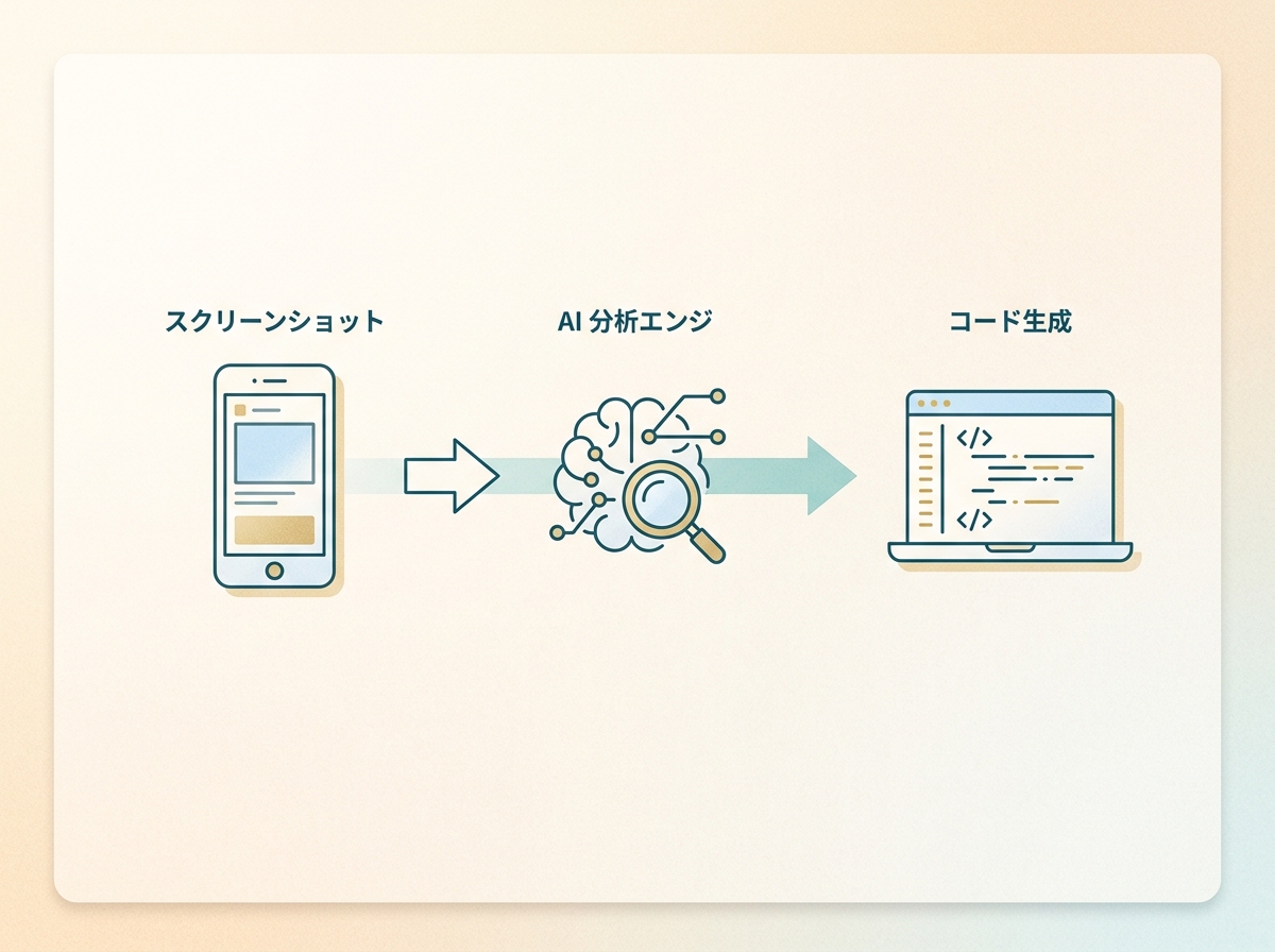 スクショからコード生成までの流れを示すシンプルなフロー図