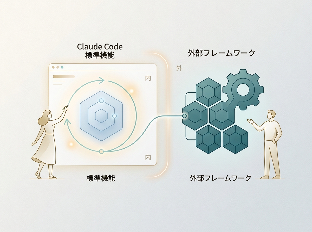 Simple image showing the coverage of Claude Code built-in features and the boundary where external frameworks become necessary
