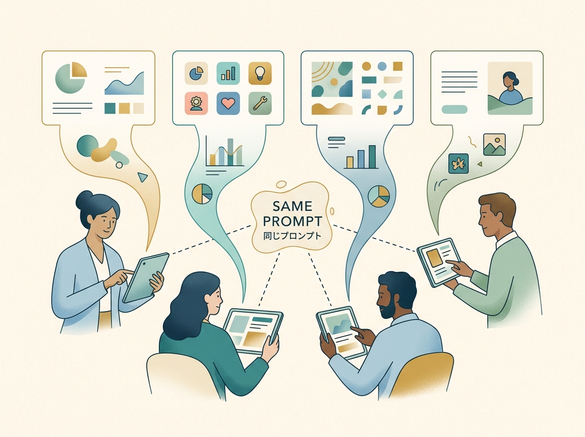 チームメンバーごとにバージョンが異なり、同じプロンプトから違う出力が出ている様子を示すシンプルなイメージ