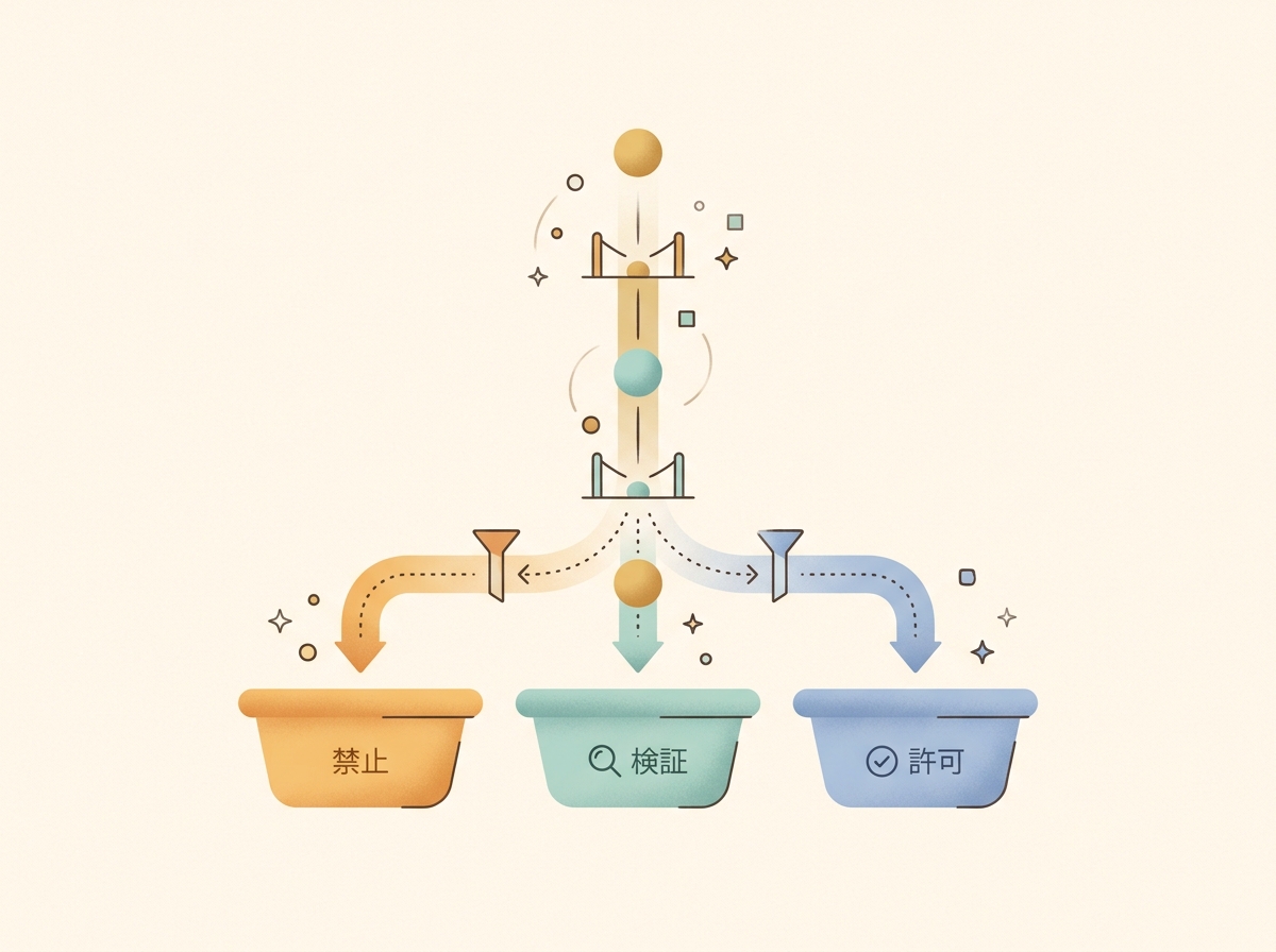 拡張機能の権限レベルに応じた許可・検証・禁止の判断フローを示すシンプルなイメージ