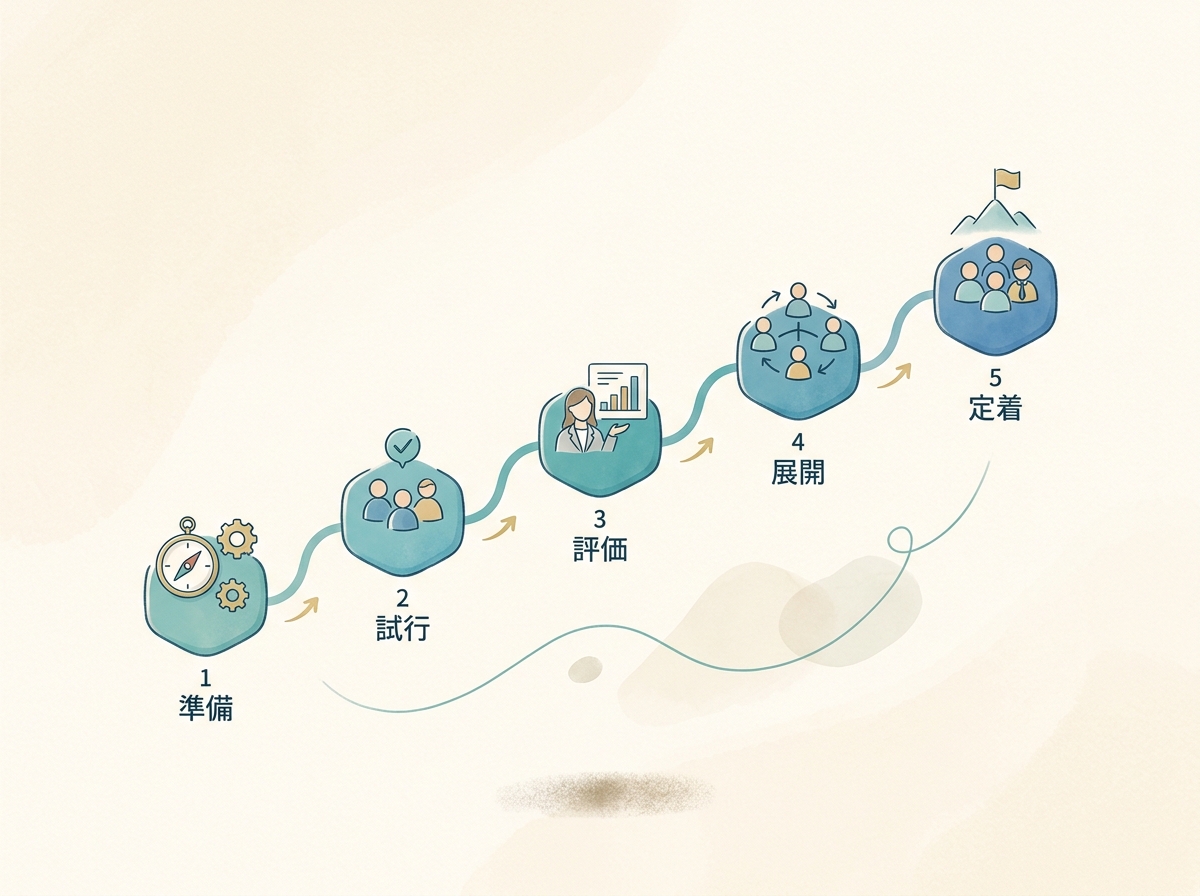 チーム導入の段階的なステップを示すシンプルなフロー図のイメージ