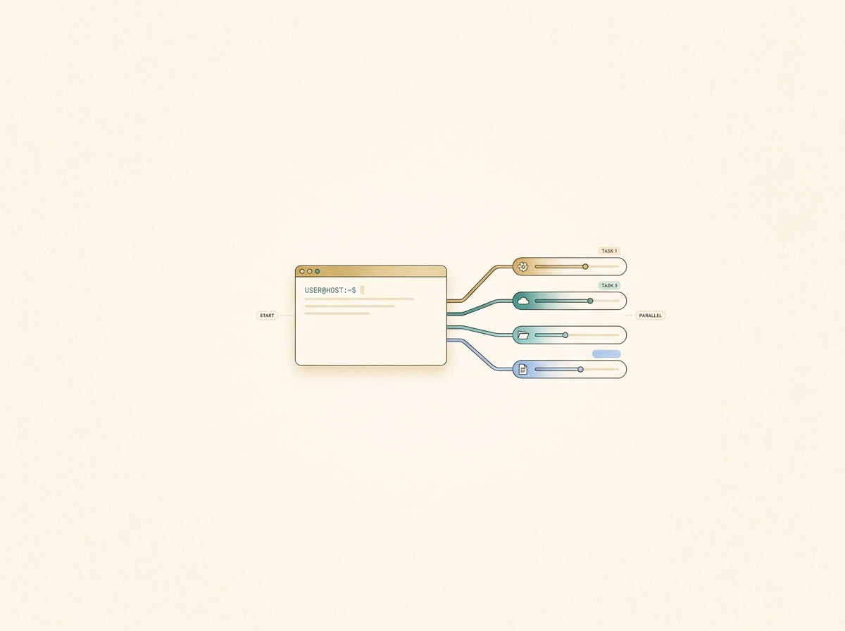 ターミナルから複数タスクが並行して進んでいく様子を示すシンプルなイメージ