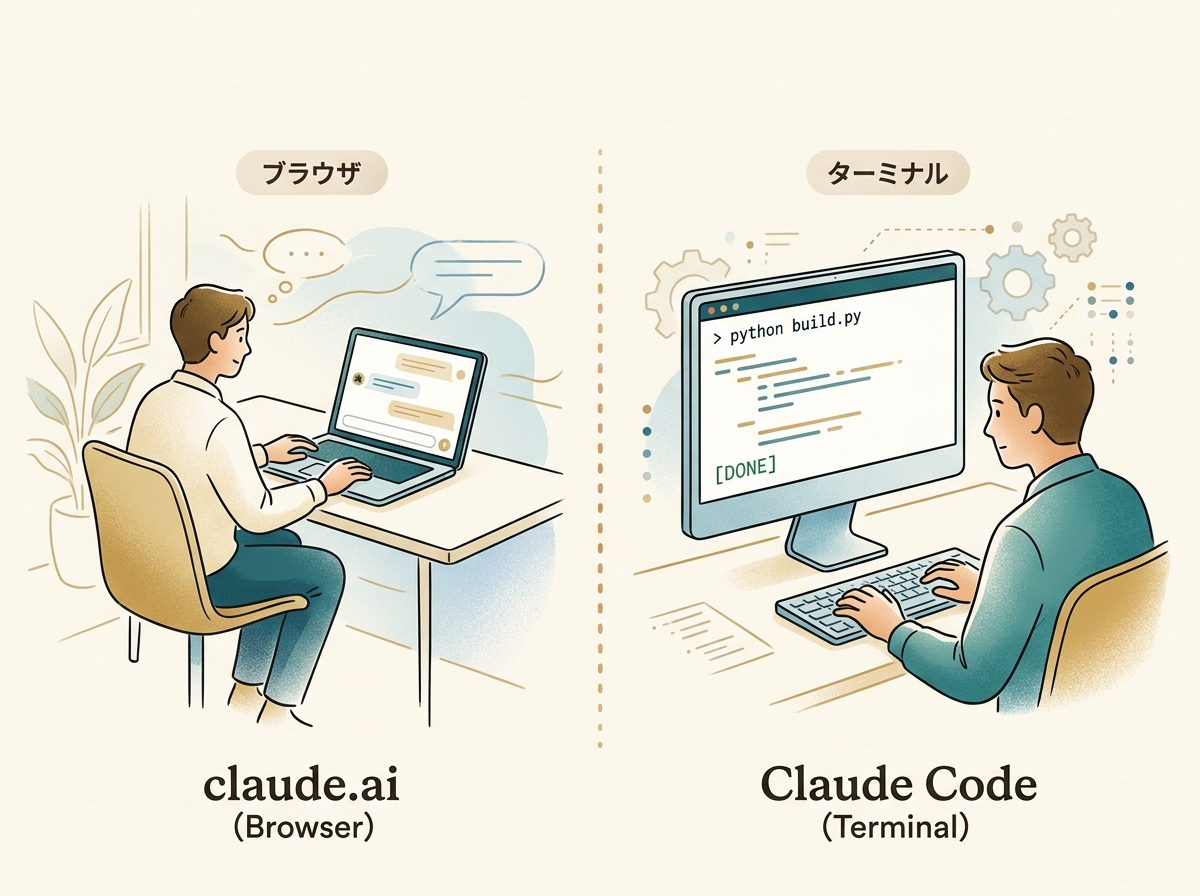 「claude.ai/code（Web版・クラウドVM）」と「Claude Code CLI（ターミナル版・ローカル実行）」の役割が分かれているシンプルなイメージ