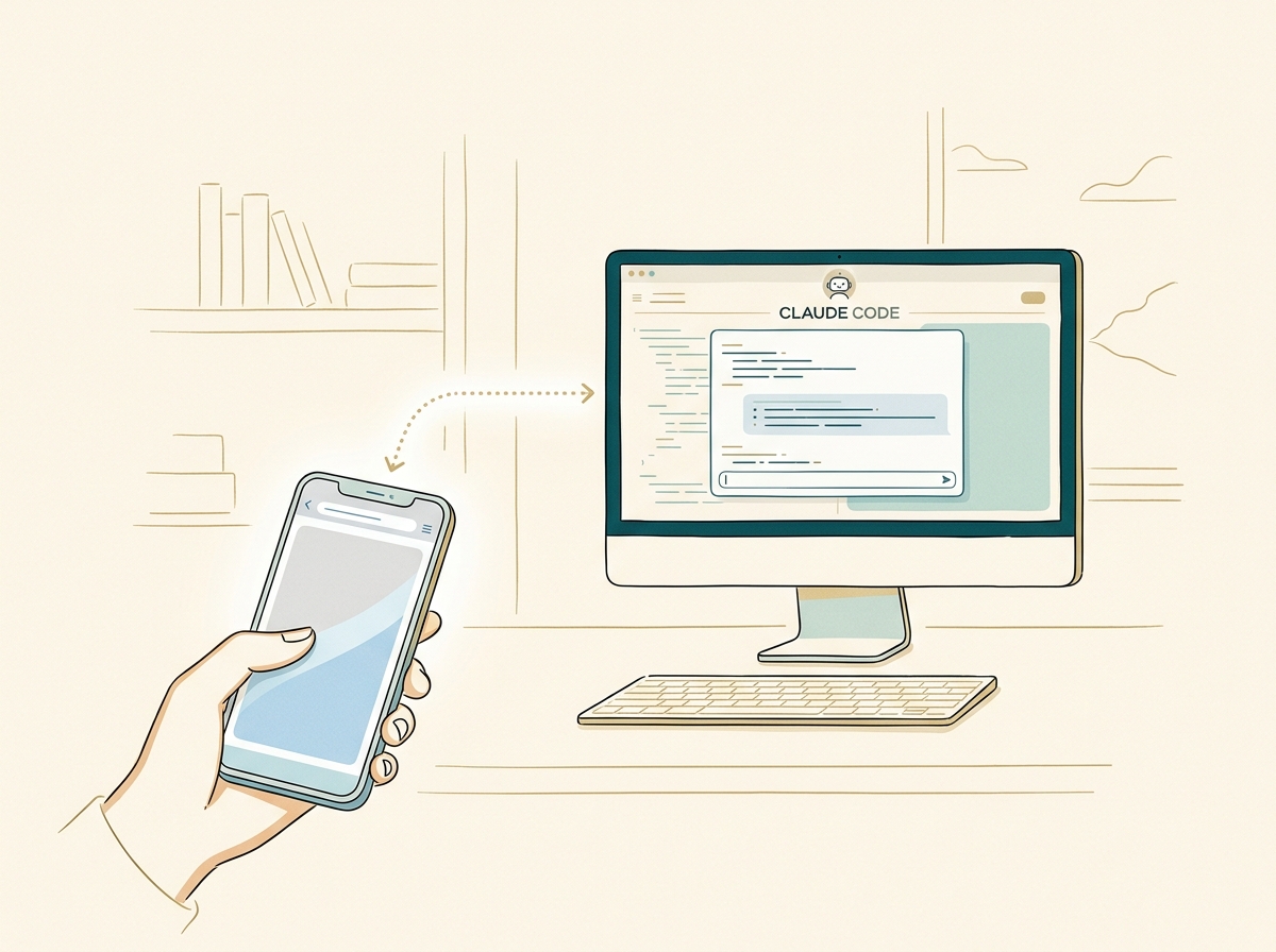 スマホからブラウザ経由で自宅PCのClaude Codeに指示を出し、AIが開発を進めるイメージ