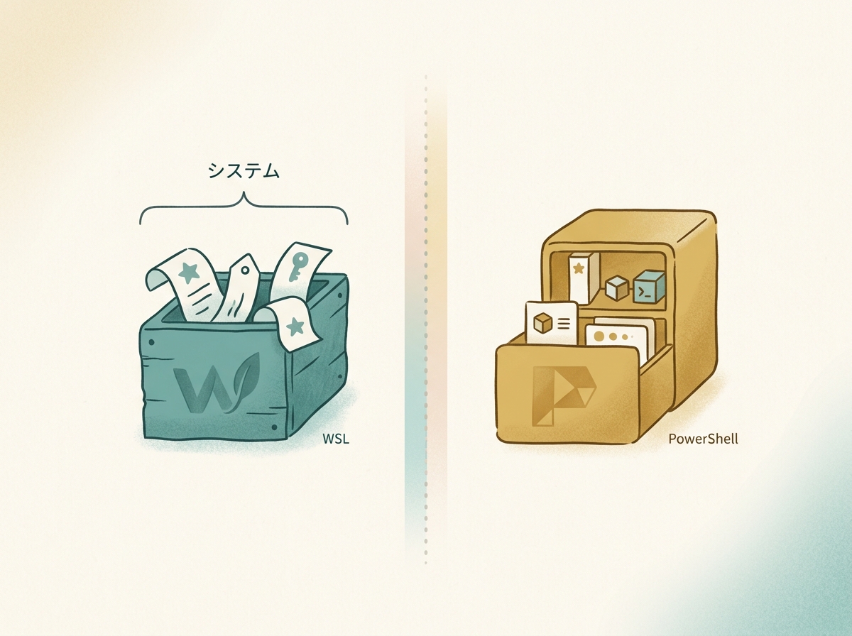 Simple diagram showing that environment variables are managed in different locations for WSL and PowerShell