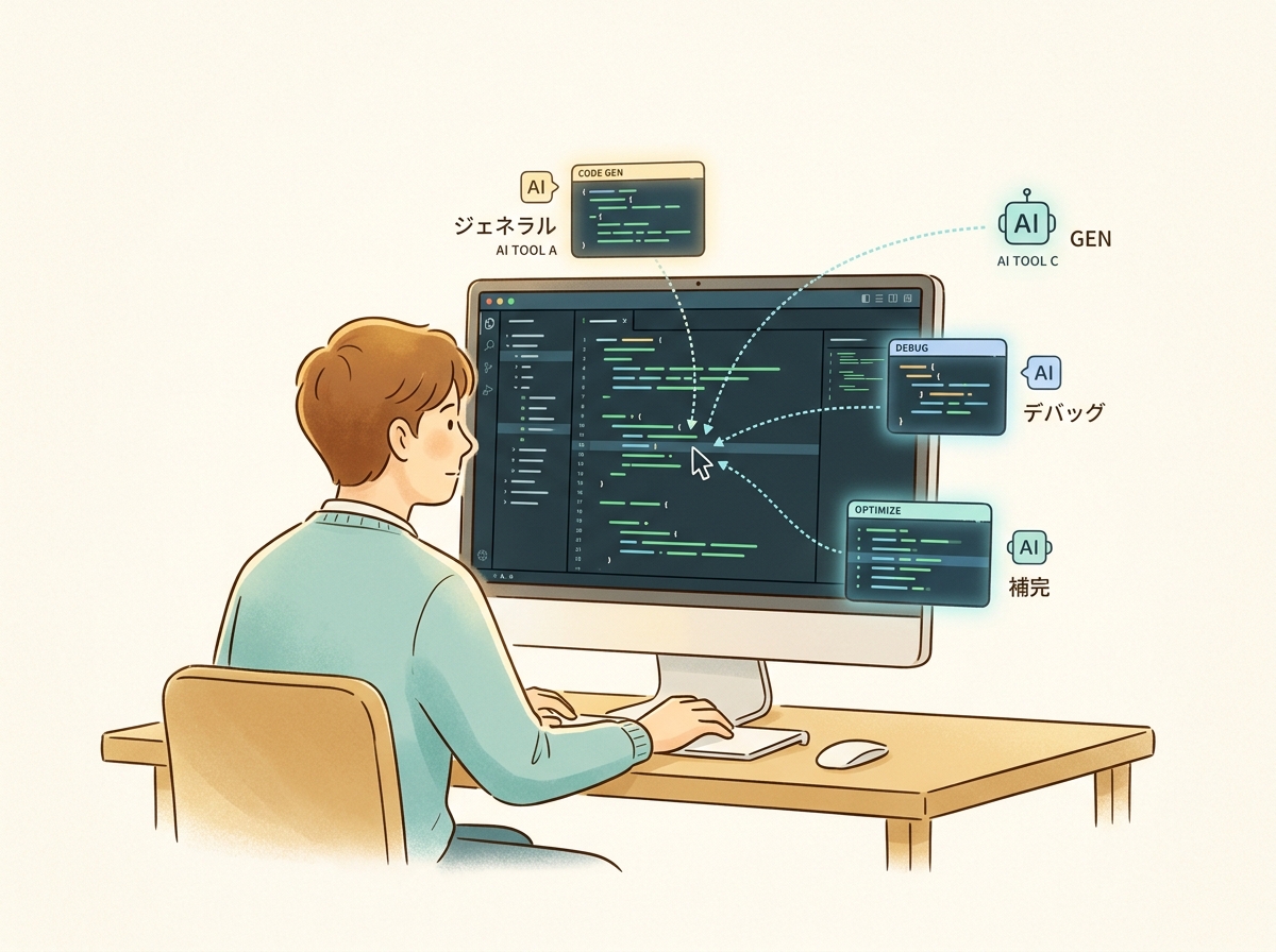 Image of a development workspace using multiple AI coding tools simultaneously