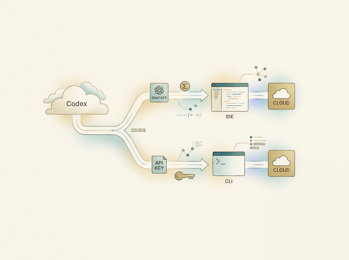 Diagram showing Codex's two authentication paths (ChatGPT subscription auth and API key auth) and their relationship to CLI/IDE/Cloud