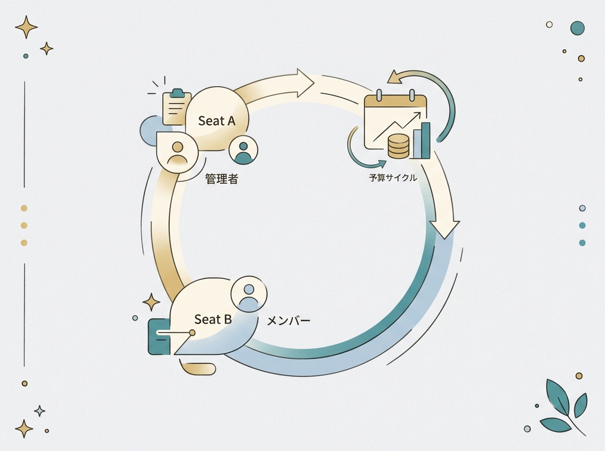 Flow diagram showing seat types and budget management cycles for team operations