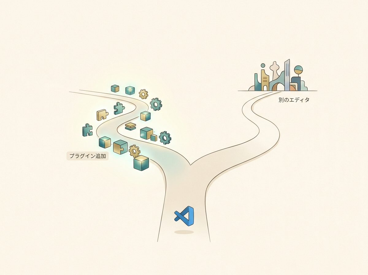 A simple image showing a fork between adding a plugin to VS Code and switching to a different editor