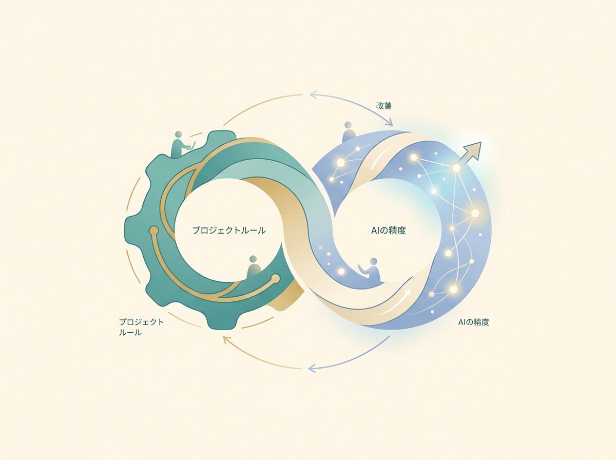 An image depicting a virtuous cycle where AI accuracy improves through iterative refinement of project rules