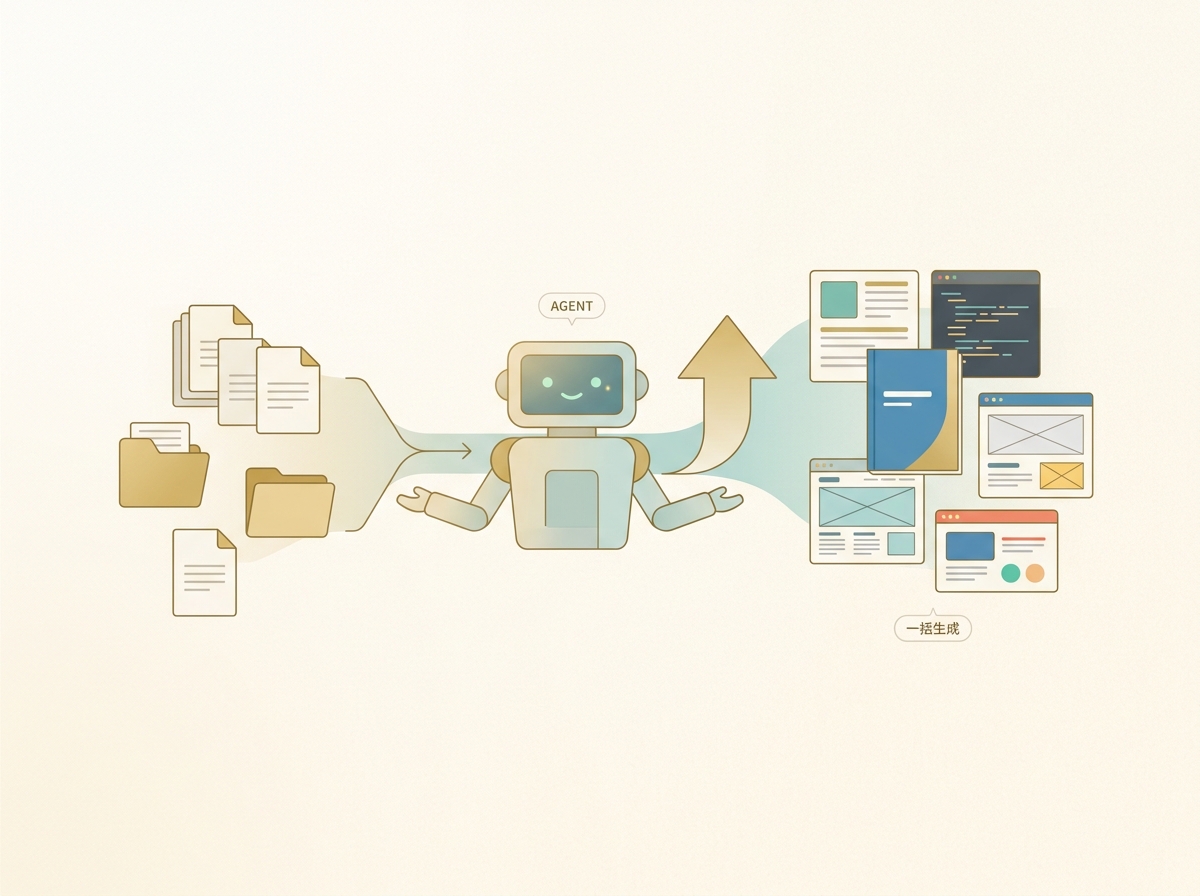 Simple illustration of the workflow where you hand documentation and files to Agent for bulk generation in new implementations