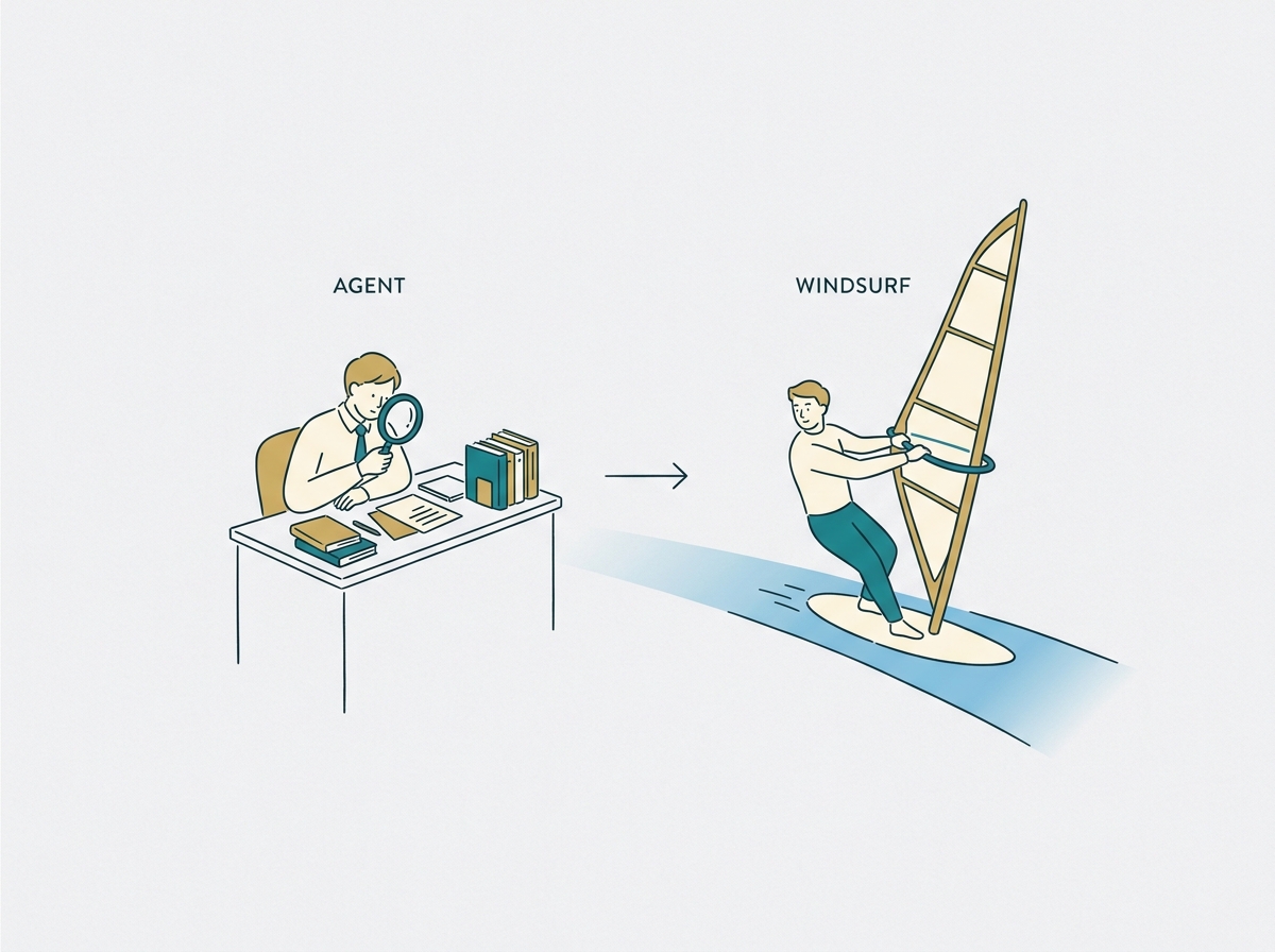 Simple illustration showing the workflow difference between Agent and Windsurf (with and without pre-investigation)