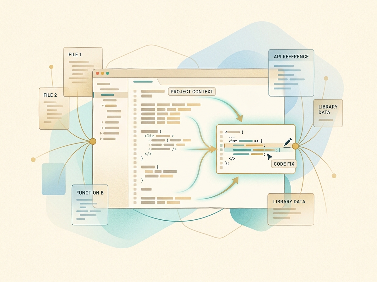 エディタ内でプロジェクト全体の文脈を理解しながらコードを修正するイメージ