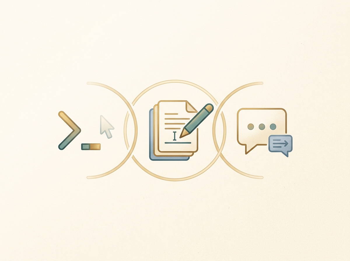 Tab補完・インライン編集・チャットの3つの操作を象徴するシンプルなイメージ