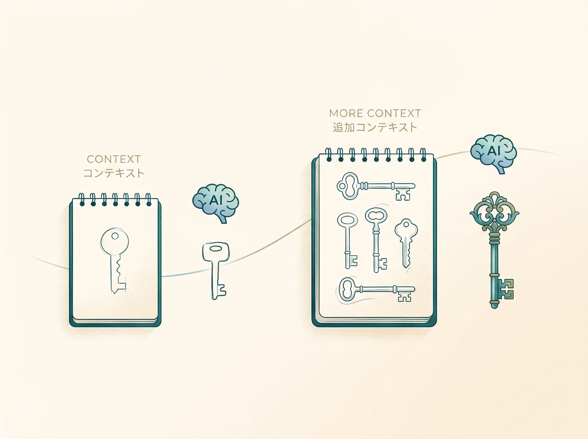 コンテキストの渡し方でAIの回答精度が変わる様子を示すシンプルなイメージ
