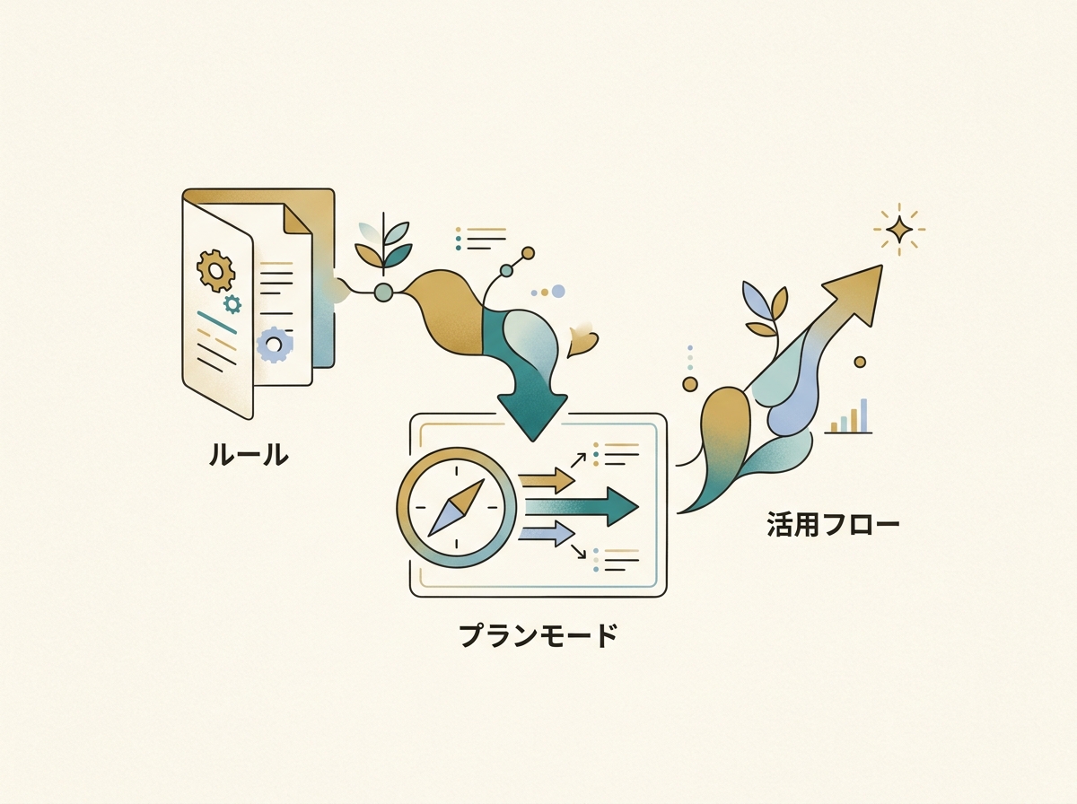 Rulesファイルとプランモードの活用フローを示すシンプルなイメージ