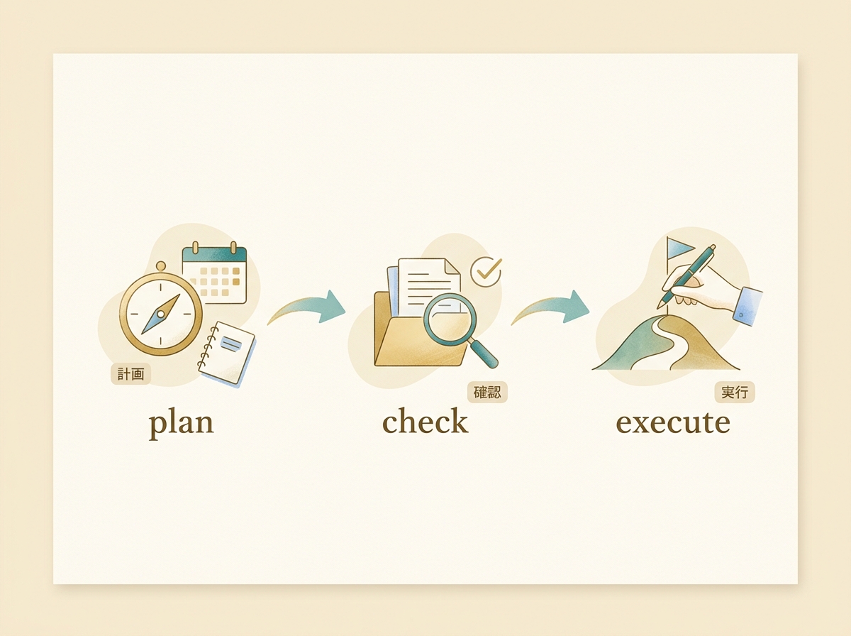 プランモードで計画→確認→実行の流れを示すシンプルなイメージ