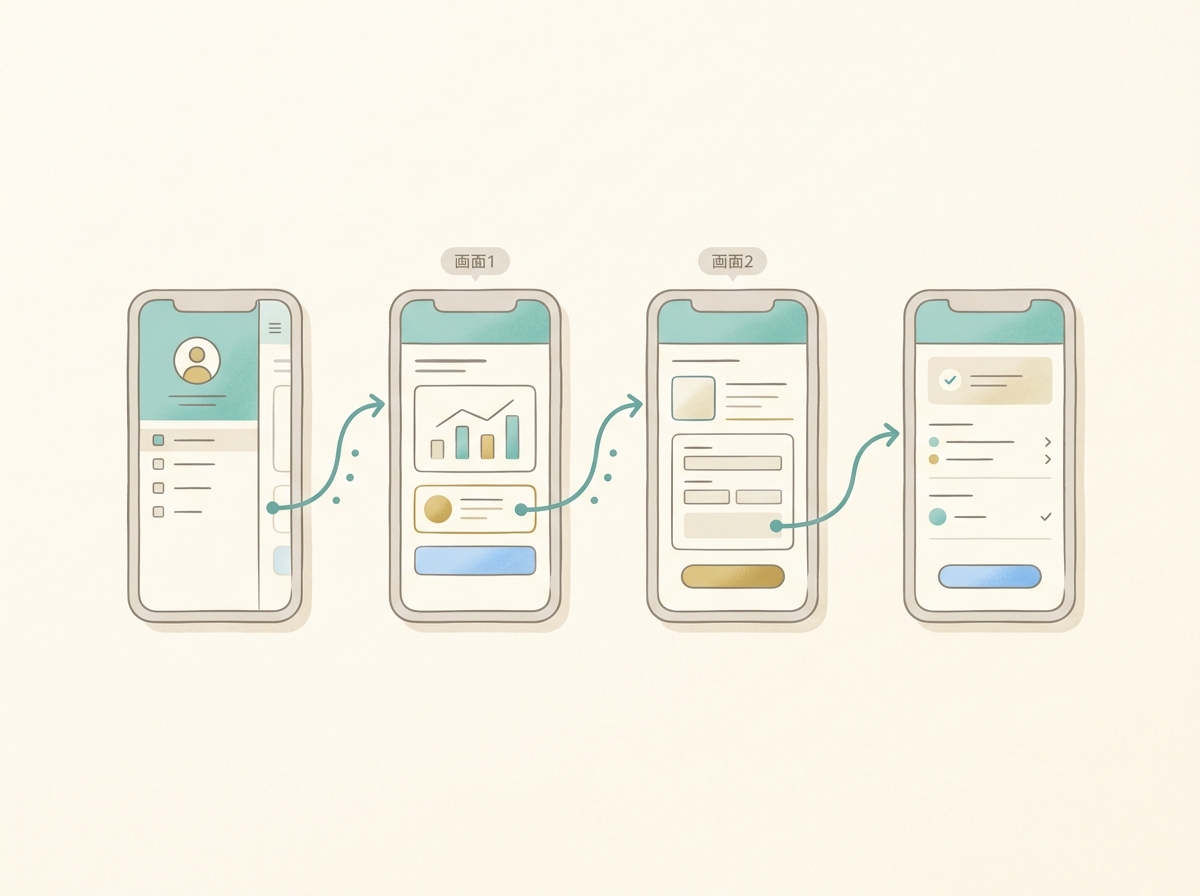 Stitchの画面生成イメージ。スマホアプリの複数画面が並んでいるシンプルなイメージ