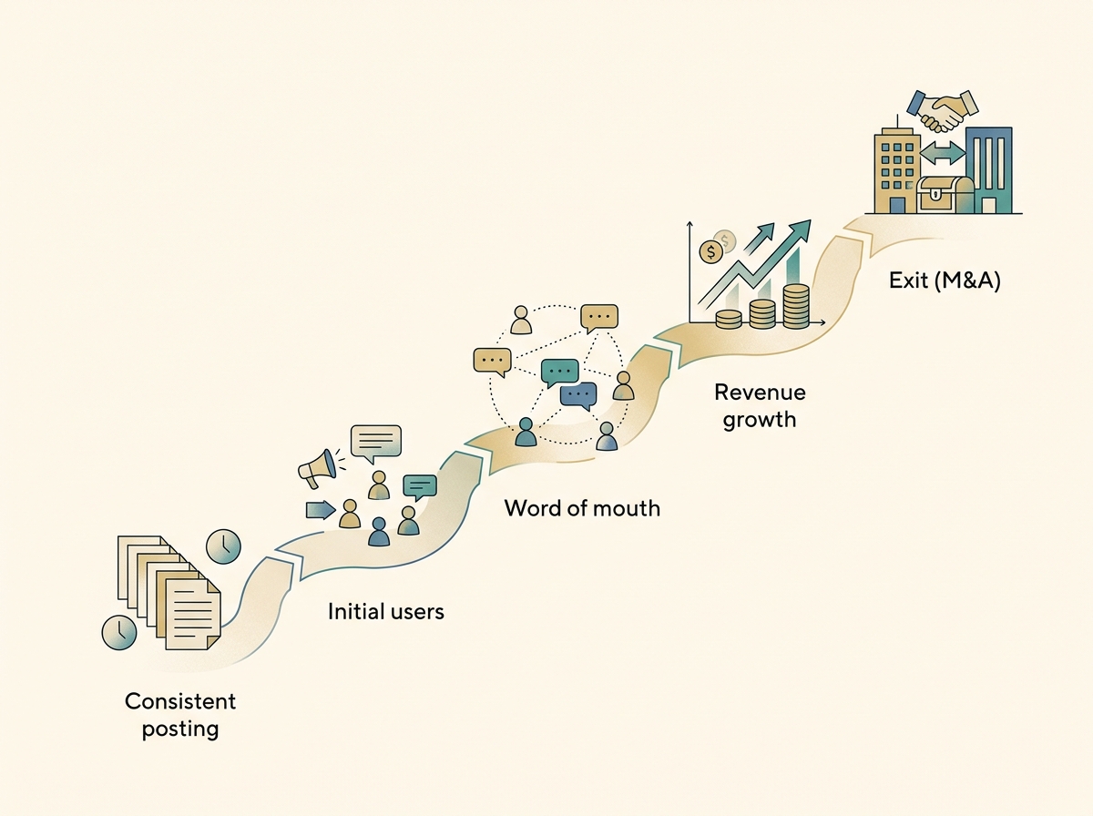 A simple flow showing: Consistent posting → Initial users → Word of mouth → Revenue growth → Exit (M&A)