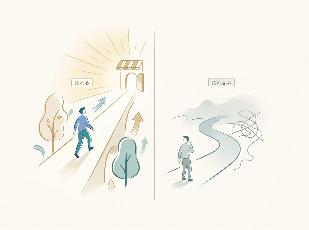 「売れるプロダクト」と「売れないプロダクト」の条件を対比するシンプルなイメージ