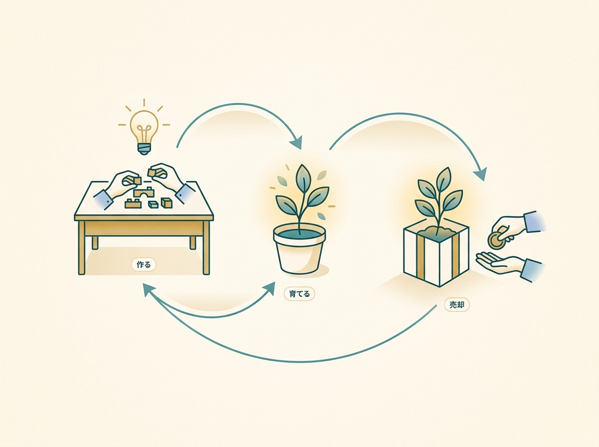「作って→育てて→売却」のサイクルを示すシンプルなイメージ