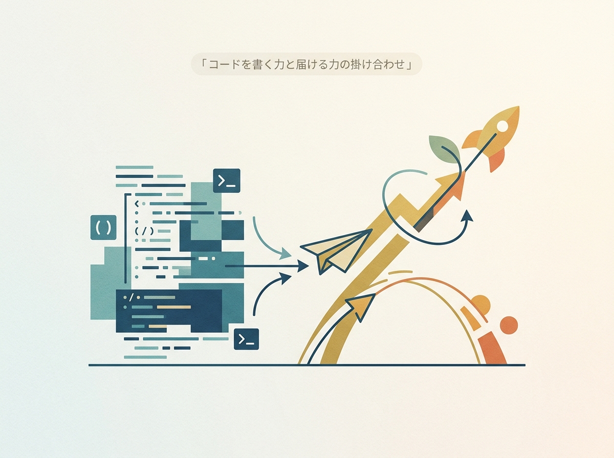 コードを書く力と届ける力の掛け合わせを示すシンプルなイメージ