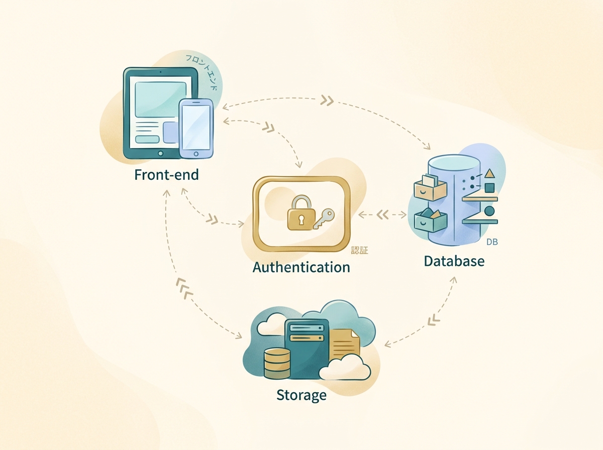 フロントエンド・DB・認証・ストレージの役割分担を示すシンプルな構成イメージ