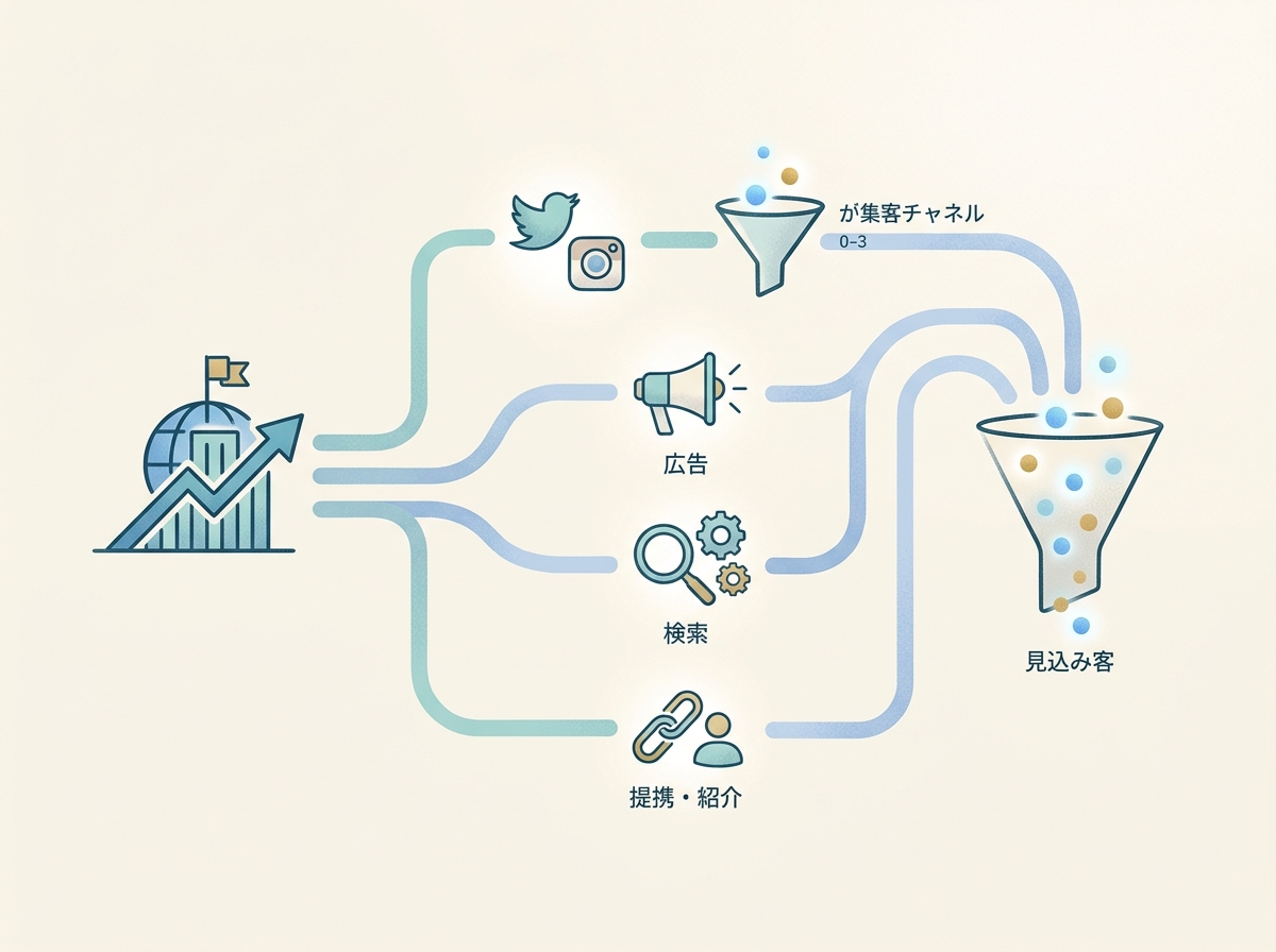 海外ローンチにおける集客チャネルの全体像を示すシンプルなイメージ