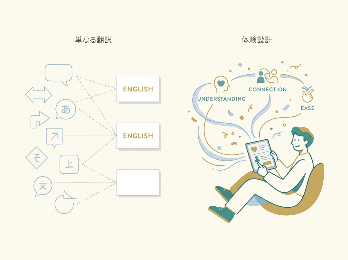 翻訳だけの英語化と体験設計としての英語化の違いを示すシンプルなイメージ
