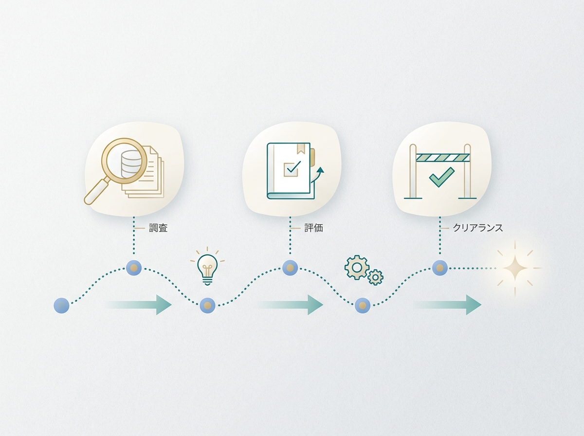 公開前の知財クリアランス調査の流れを示すシンプルなイメージ